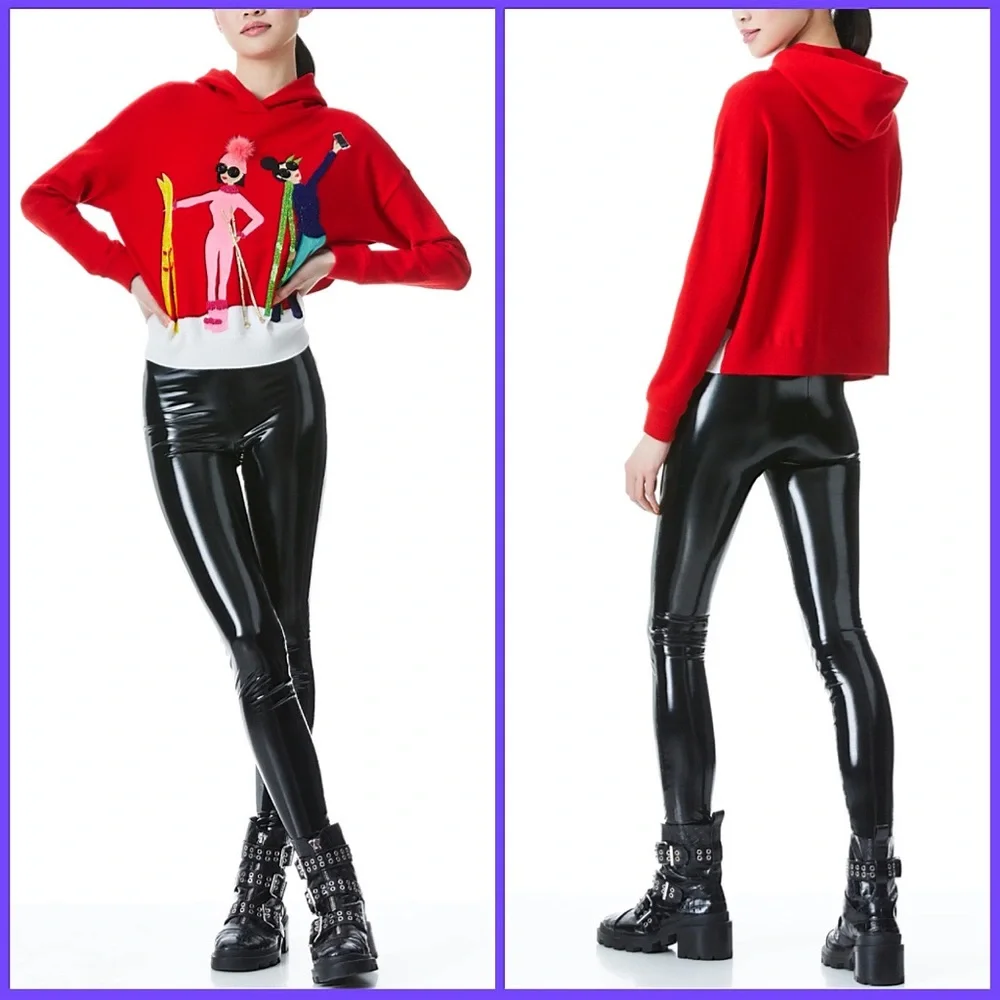 Alice + Olivia Oscar Red Embellished Stace Face Pullover Hoodie Sweater Top